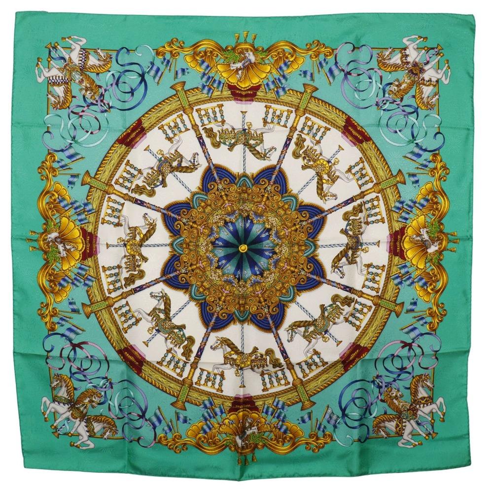 

HERMES Carree90 scarf LUNA PARK amusement park Merry-go-round Green silk Women Used