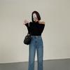 Womens Black Long Sleeve Slim Fit Off Shoulder Top Milk Silk Base Layer T-Shirt Elegant Casual Wear