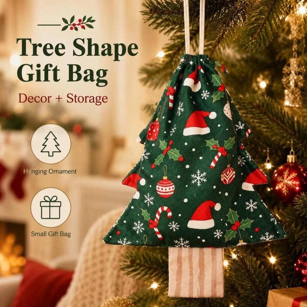 Tree Shaped Christmas Gift Bag Christmas Stockings Snowflakes Pattern Drawstring Bag Velvet Candy Bag Pendant Home Decoration