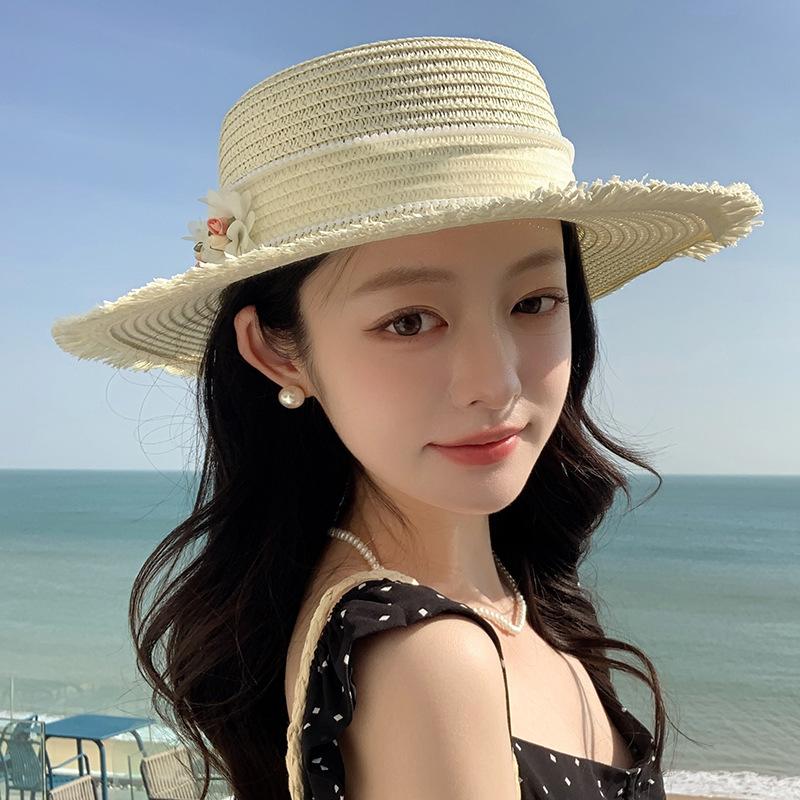 Women Summer Straw Hat Bowknot Ribbon Beach Sun Hat for Vacation Travel Seaside Photo Taking Sunscreen Visor Bucket Hat