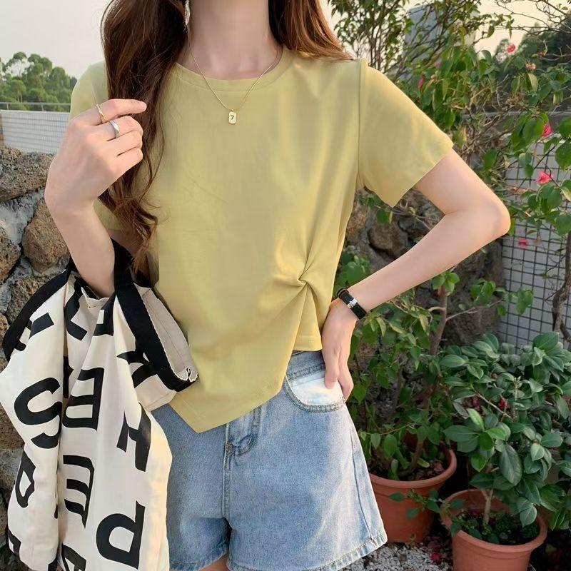 

Xia Chun s irregular design sense is versatile and thin women s T-shirt, thin outing clothes, short-sleeved short tops. XXL жовтий