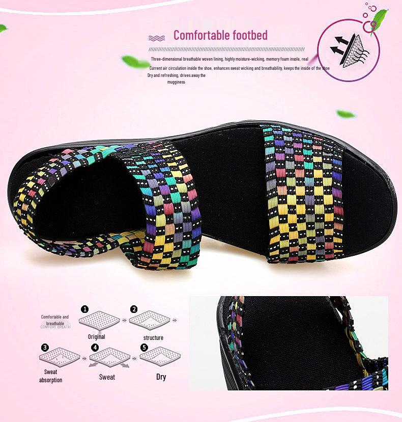 Damen-Sandalen mit gewebtem Elastikband - Frühling/Sommer 2020, Rutschfeste flache Schuhe mit niedrigem Keilabsatz, Komfort-Tanzschuhe