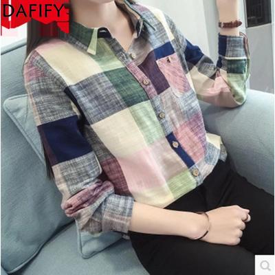Moda Donna Casual Primavera Autunno Stampa a Quadri Manica Lunga Collo POLO Bluse & Camicie