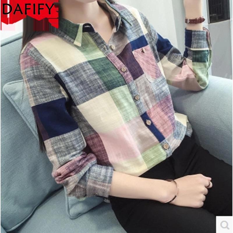 DAFIFY Women's Fashion Casual Spring Autumn Plaid Print Long Sleeve POLO Neck Blouses & Shirts