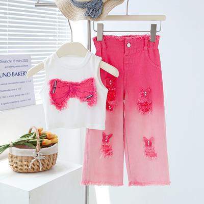 Girls' Summer Set: Round-Neck Sleeveless Short-Sleeve T-Shirt + Distressed Jeans Two-Piece Set Outfit for Older Girls