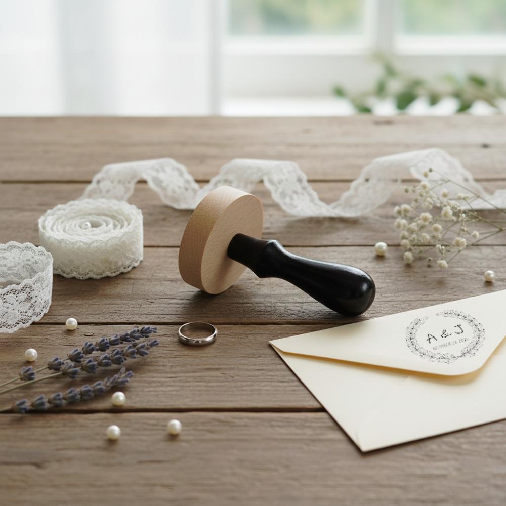 Custom Round Wooden Wedding Stamp, Personalized Monogram Seal for Couples, Engagement & Marriage Celebration for Invitations, Thank You Cards