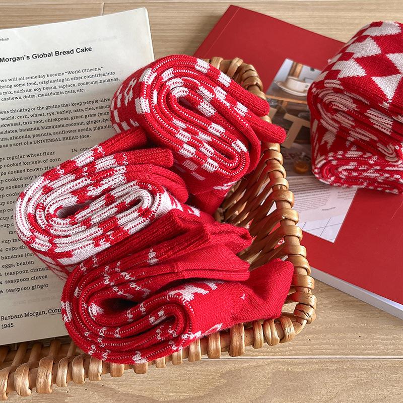 Red Socks for Spring and Autumn, Versatile and Festive for The Zodiac Year, Double-needle, Double-path Women's Mid-calf Pile Socks