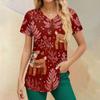 Women's Christmas Printing Short Sleeve V-neck Tops Working Pocket Blouse