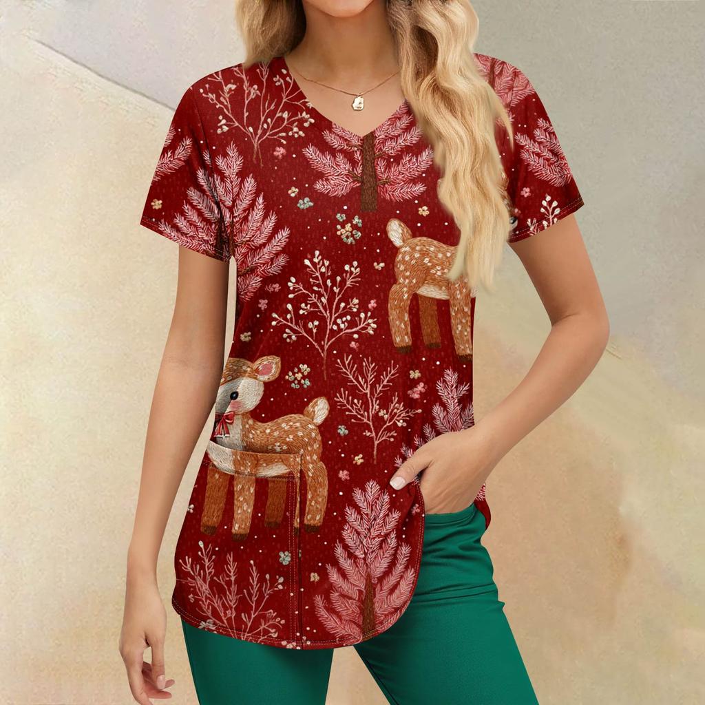 Women's Christmas Printing Short Sleeve V-neck Tops Working Pocket Blouse