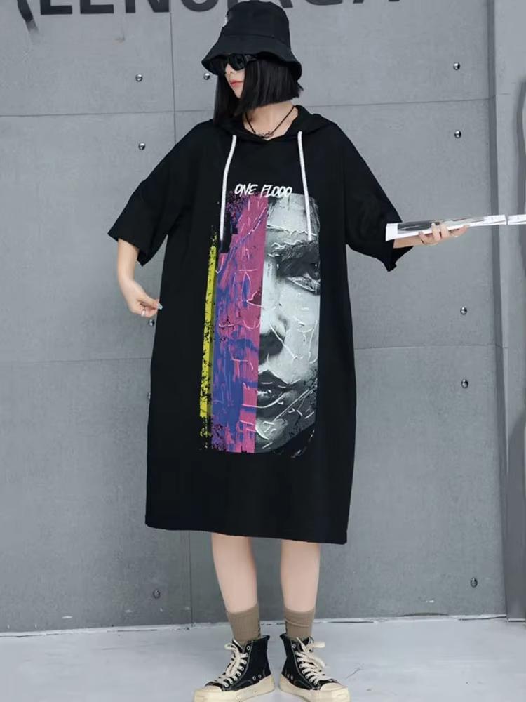 

XITAO Rope Hooded Printing Knee-length Dress GMM1200 One Size чёрный