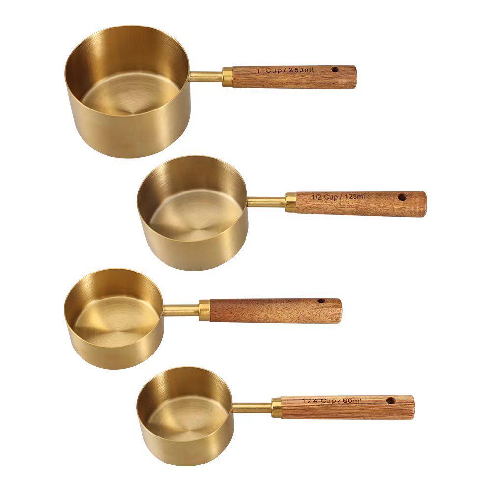 8-Piece Stainless Steel Measuring Cup & Spoon Set with Titanium Gold & Wooden Handles