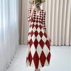 Women's Print Dress Spring Summer Diamond Print High-end Pleated Dress V-neck Long Dress