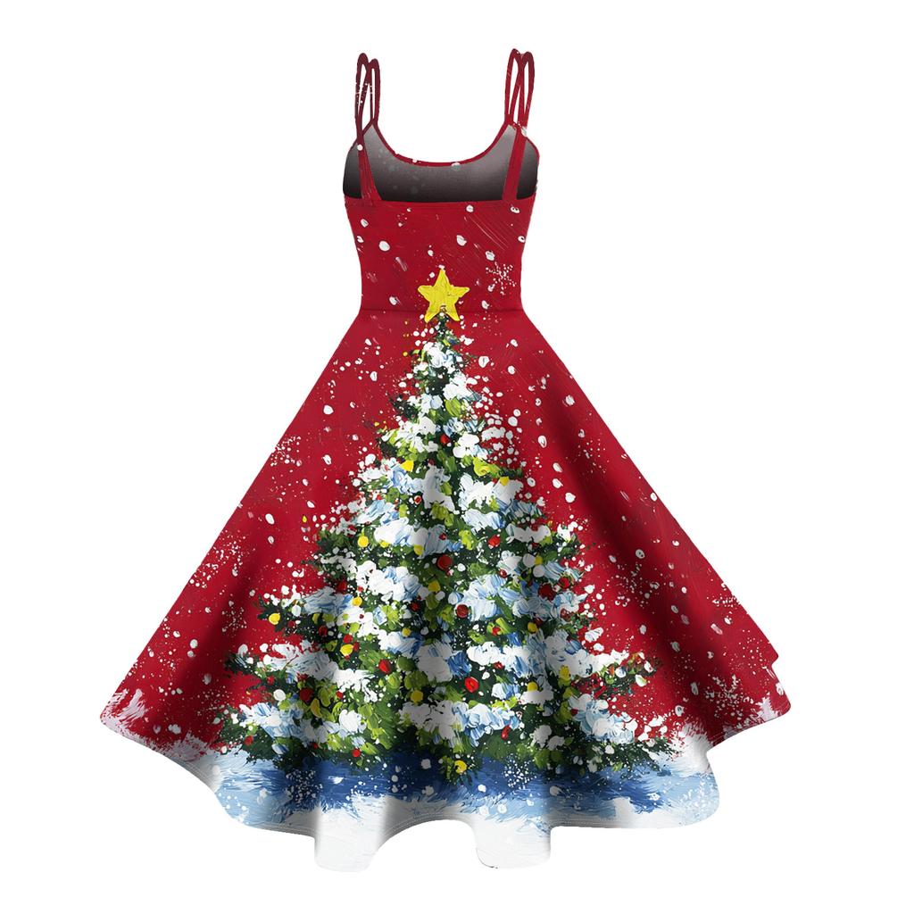 (veselé Vánoce) Dámské ležérní módní šaty s vánočním potiskem sněhové vločky/vánočního stromku/sněhuláka, s kulatým výstřihem, retro