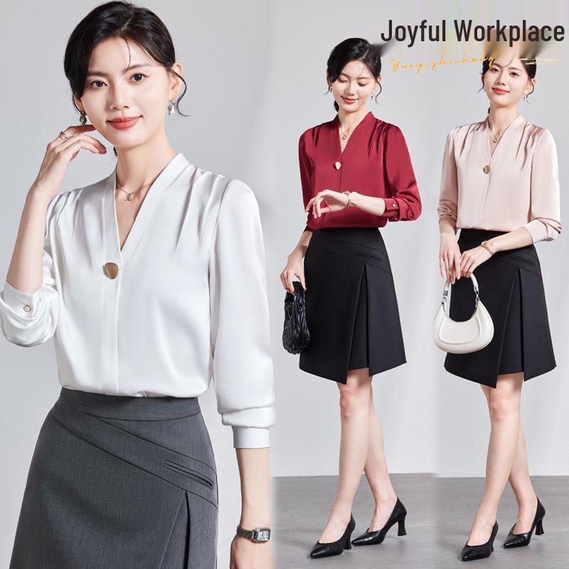 

Women s V-neck Satin Shirt - Professional Long-Sleeve for Spring & Autumn S