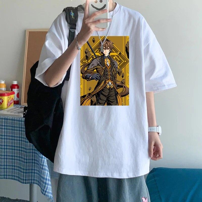 Morax Zhong Li Game Genshin Impact T-shirt Punk Cartoon Casual Loose Printed Tops Thick Cotton Women Unisex Harajuku Vintage Tshirt