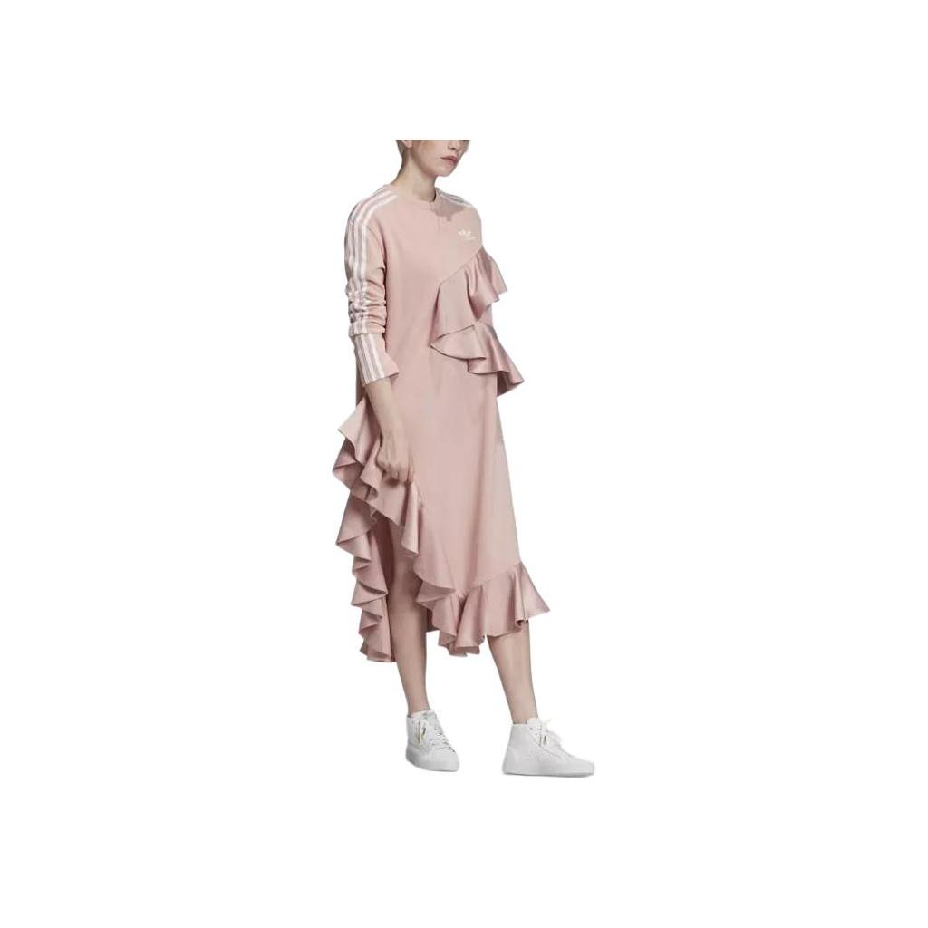 Adidas Originals Spirit XJ Ruffled Neck Round Collar Irregular Long Sleeve Dress Women Dresses Pink FT9897