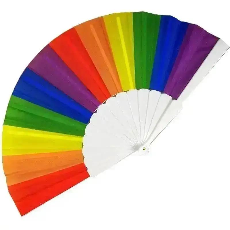 Plastic Hand Crank Fan Foldable Pretty Style Rainbow Silk Fabric Pocket Fans Crafts Party Personality Dance Decoration Home