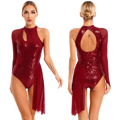 Womens Figure Skating Dress Glitter Sequins Leotard One Shoulder Sheer Mesh Long Sleeve Halter Dancewear