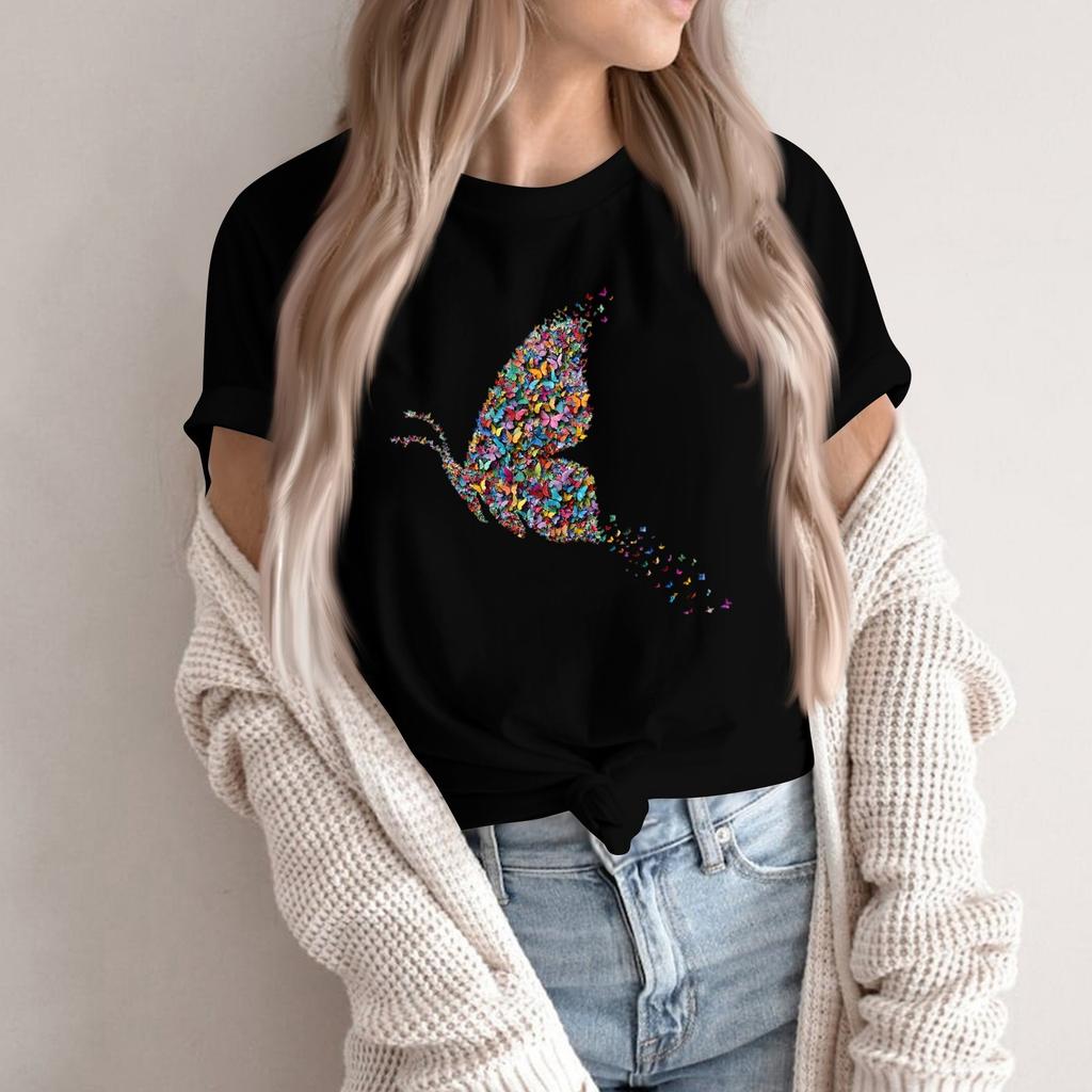 Women's Fashion Casual Printed Round Neck Short Sleeved Pullover T-Shirt Top