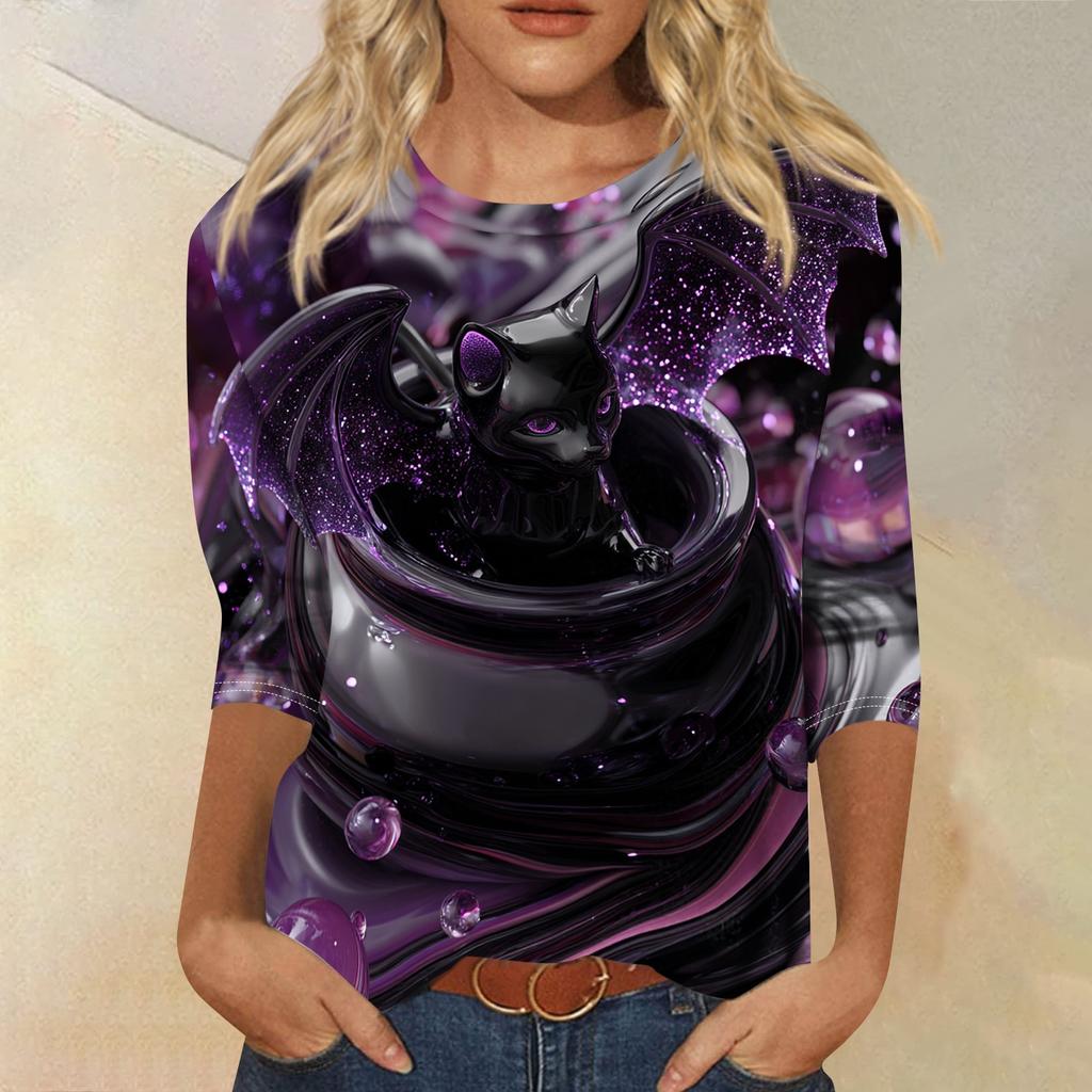 Women's Casual Three Quarter Sleeve Halloween Print Crew Neck Top Lightweight Comfortable Fit Seasonal Graphic Shirt for Everyday Wear
