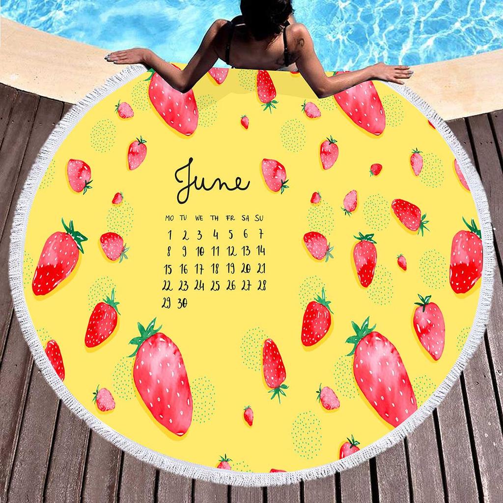 Sweet Cartoon Strawberry Round Beach Towel,Polyester Sand Resistant Beach Blanket,Soft Absorbent Quick Dry Pool Towel Picnic Mat