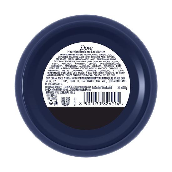 Dove Body Love Nourished Radiance Body Butter Paraben Free, 48hrs Moisturisation with Plant Based moisturiser Soft Radiant Skin 235g