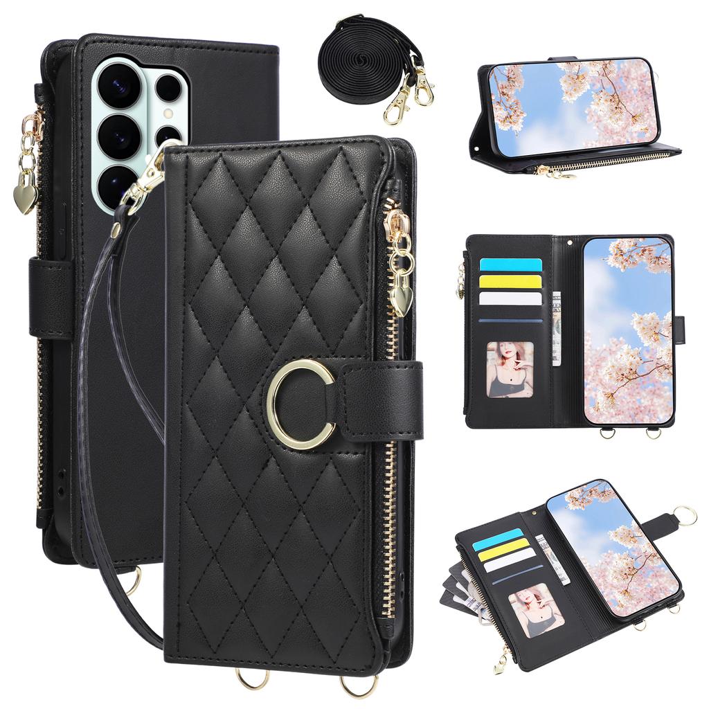 Crossbody Wrist Strap Leather Wallet Phone Case for Samsung S25 Edge S26 Ultra S24 S23 S22 S21 Plus Note 20 Flip Stand Cover