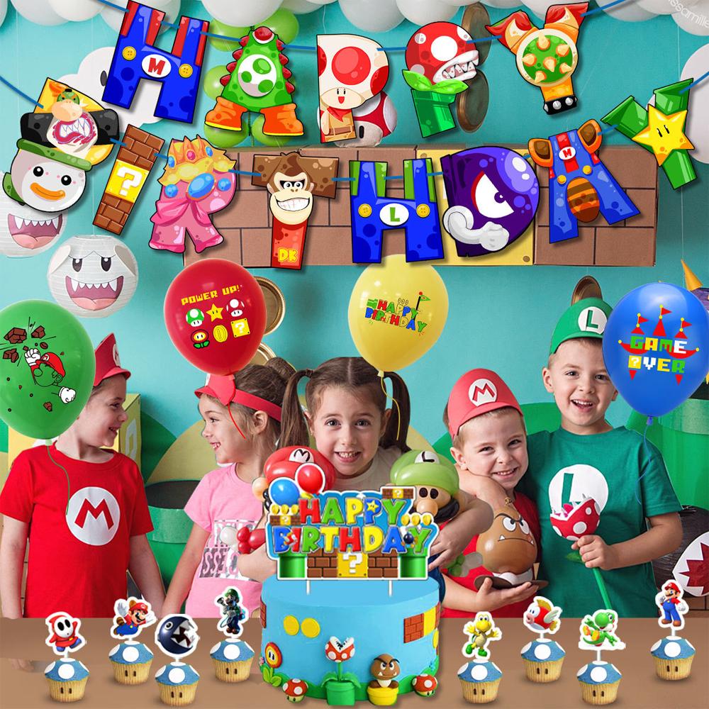Super Mario Birthday Party Supplies Includes Banner, Cupcake Toppers, Balloons