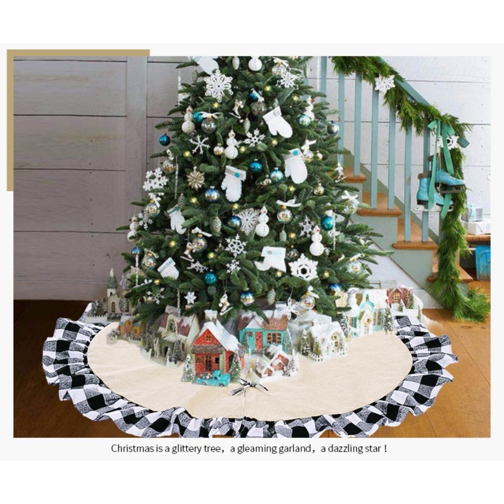 Burlap Fall Tree Skirt with  Buffalo Plaid Ruffle Border Large Christmas Tree Mat 48 Inches for Halloween Fall Christmas Black White Decorations