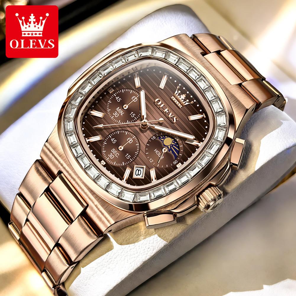 OLEVS New Original Luxury Fashion Square Quartz Watch Men Moon Phase Chronograph Watch Waterproof Luminous Date Watches For Man
