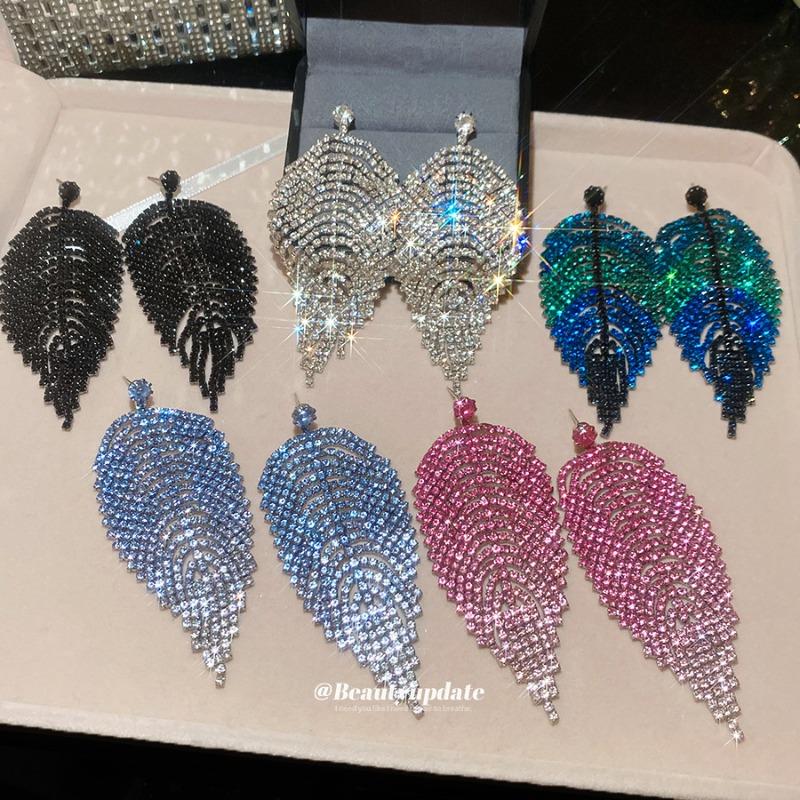 Silver Needle Diamond Leaf Tassel Earrings Luxury Exaggeration Heavy Industry Earrings Design Sense Niche Earrings Women