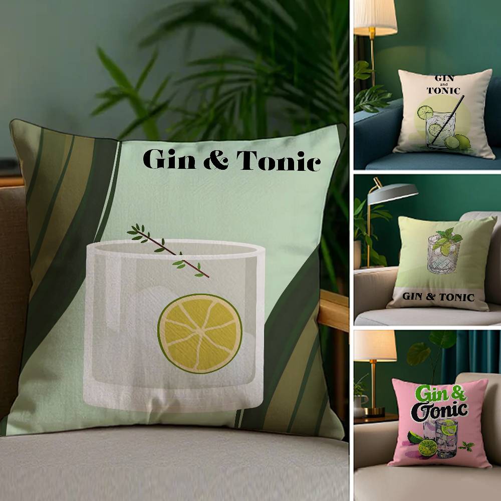 Pillow Case Sofa Living Room Bedroom Double-Sided Printing Gin & Tonic Cocktail Painting Square Cushion Nap Time Pillow Case