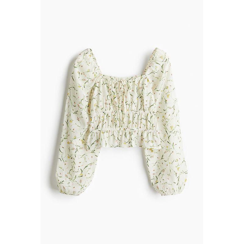 

HM Women s Shirt 2025 Autumn New Arrival Fashion Wrinkle Feeling Print Fresh Long Sleeves Bishop Sleeves Top 1274081 White/Florals 155/80(XS)