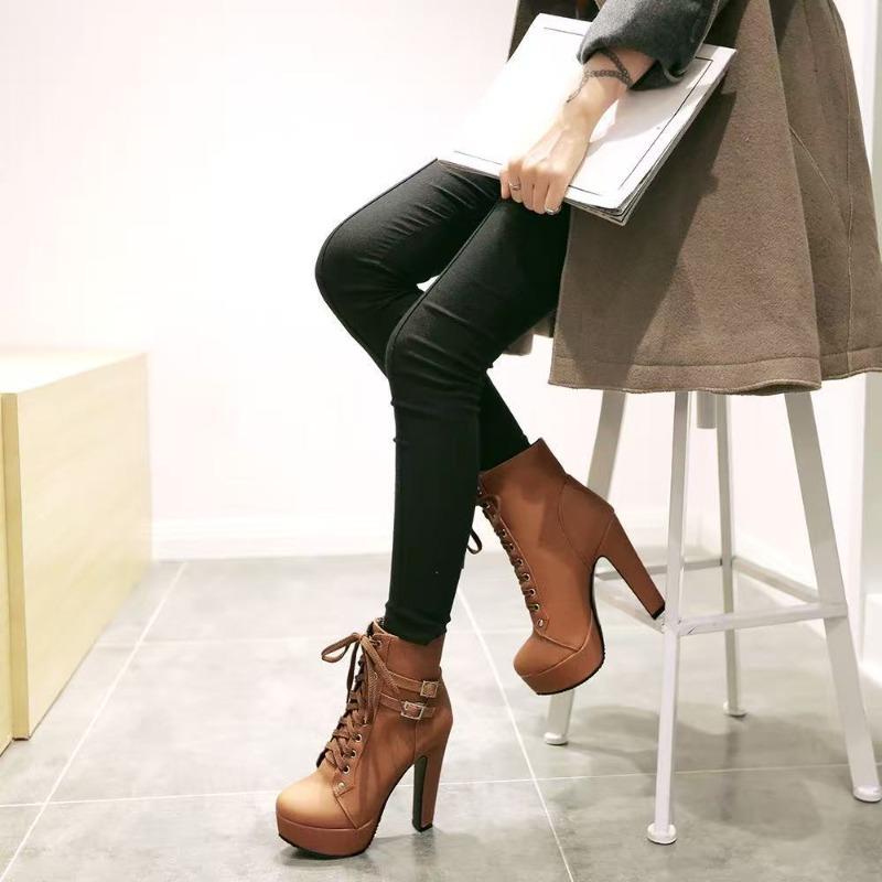 Wind Cross Strap Martin Boots Short Boots High Heel Women's Shoes Waterproof Table Belt Buckle Low Boots Women's Boots