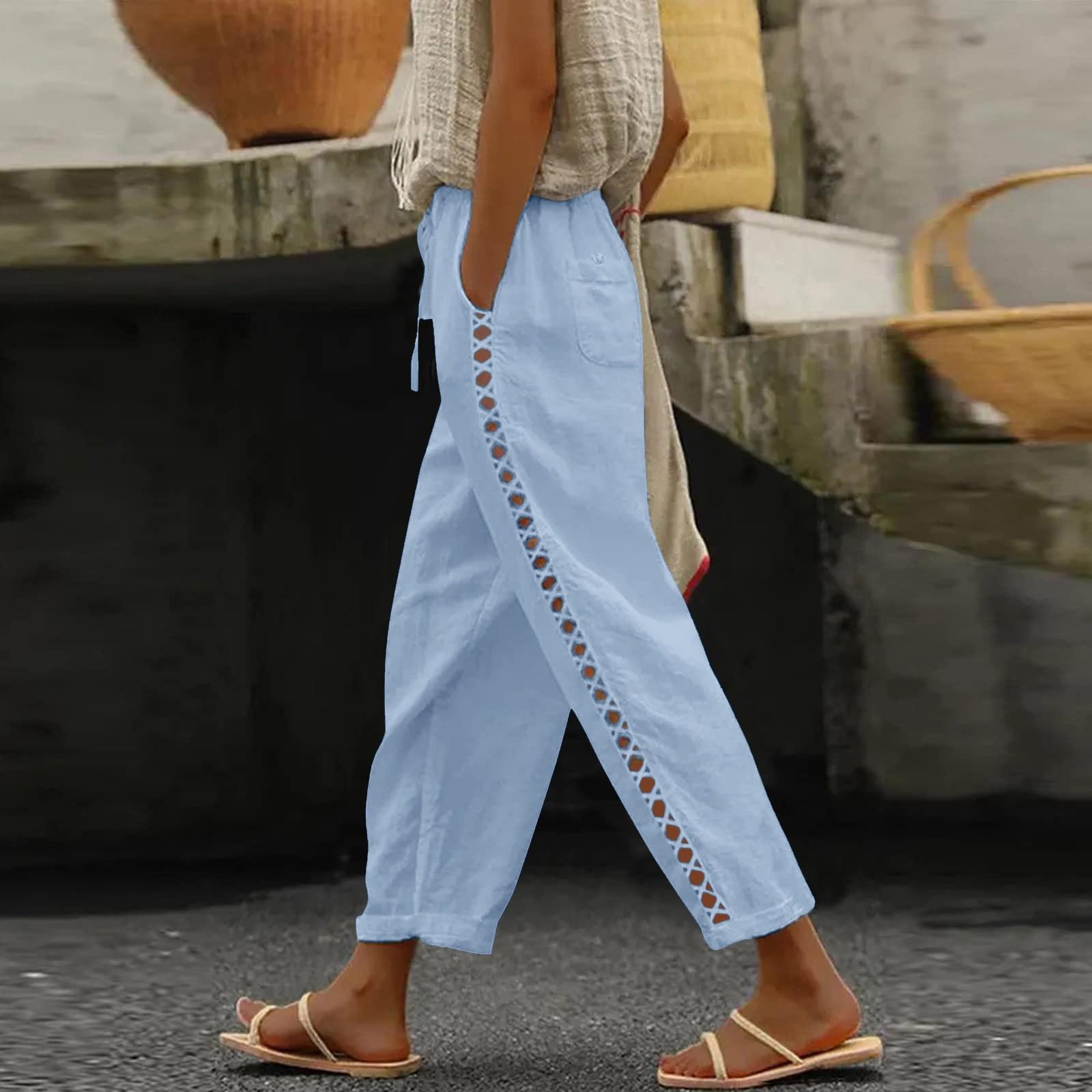 

Женские модные мешковатые брюки с карманами, тонкие дышащие кружевные края, полые однотонные повседневные брюки в стиле ретро XL светло-синий