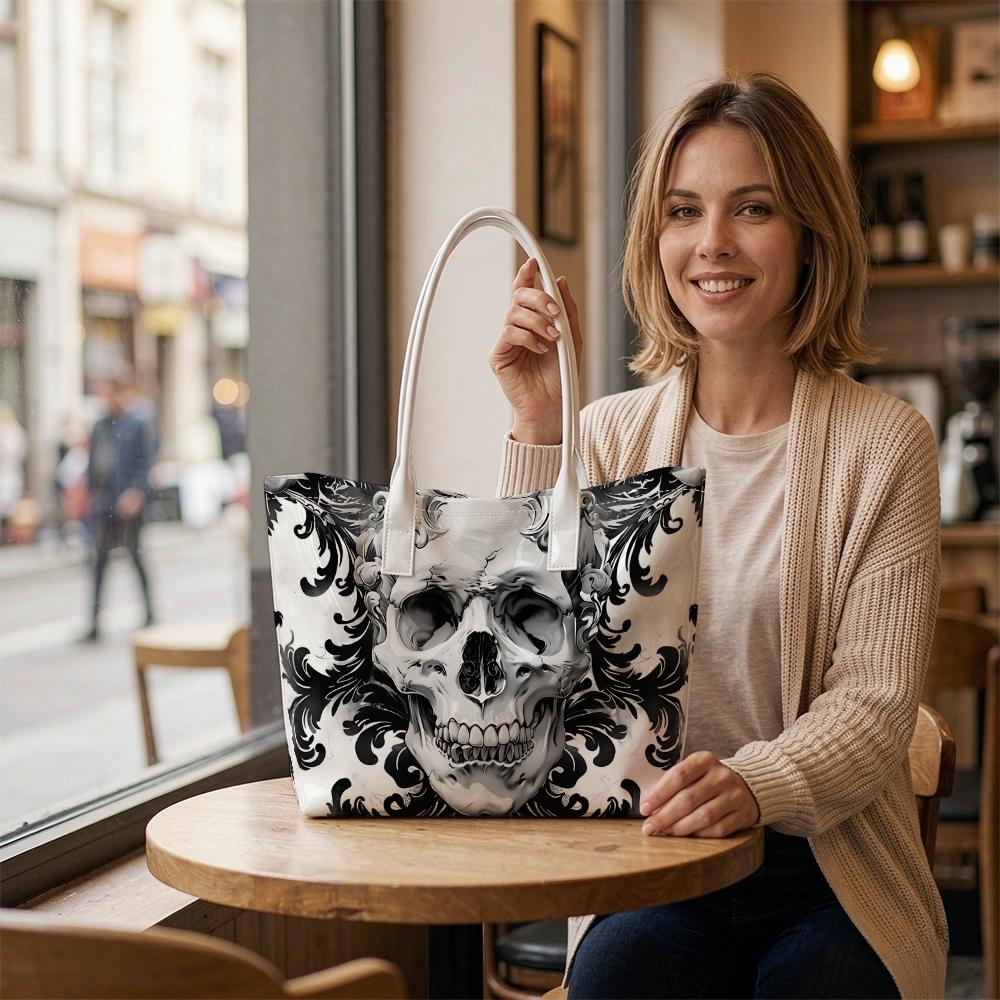 Gothic Skull Print Tote Bag Trendy Shoulder Handbag for Daily Use