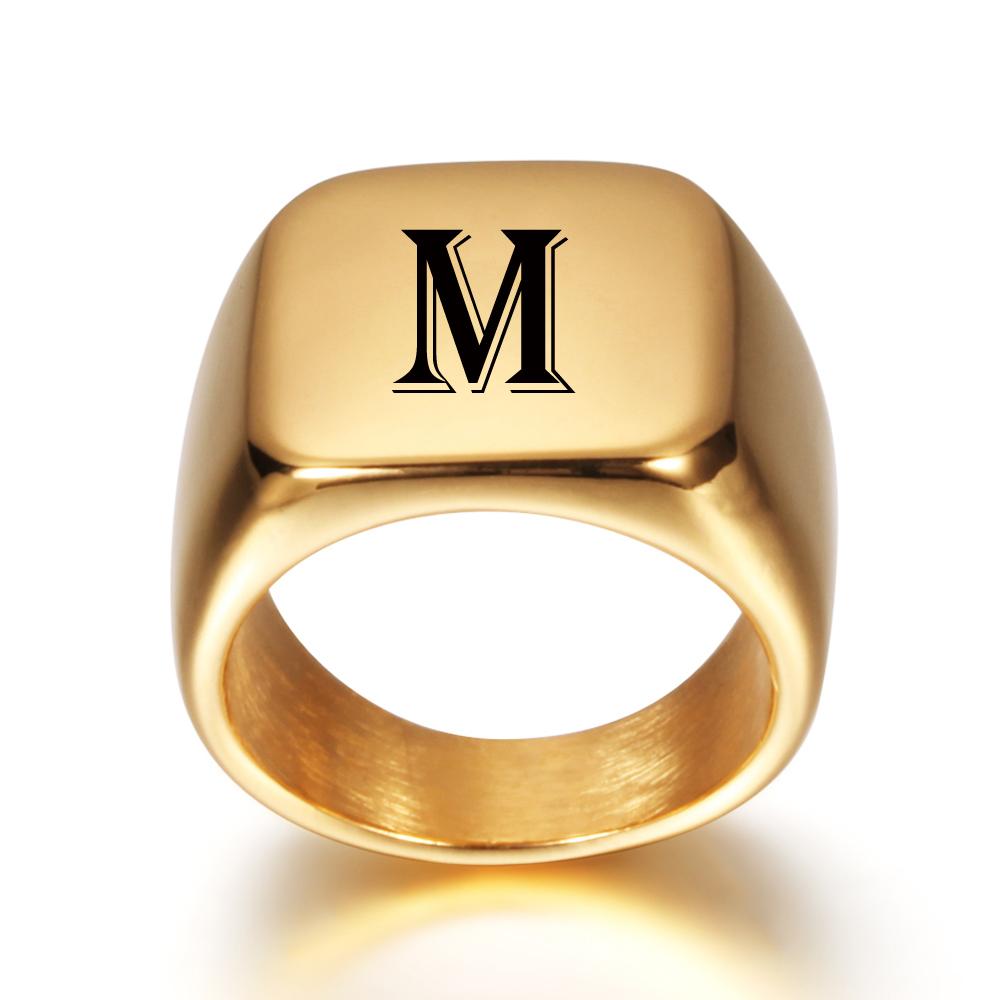 Personalised Initial Engrave A To Z Alphabet Stainless Steel Signet Blank Plain Ring Band High Polished Gold Color Tone U.S.Size