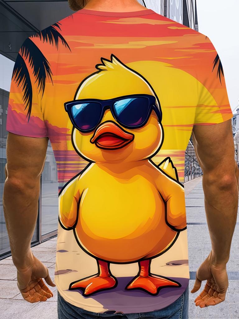 (Selection) Summer Fashion Men's Short Sleeve-Shirt, Beach Vacation Duck Pattern 3D Print Men's Crew Neck-Shirt, PLUS SIZE