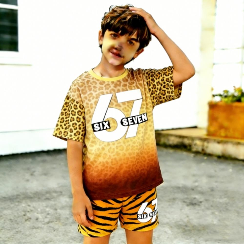 Leopard 67 Kinderkleidung Farbverlauf Bedrucktes Kinder-T-Shirt und Shorts 2-teiliges Set Sommer Lässiges Outfit für Jungen und Mädchen Oberteil