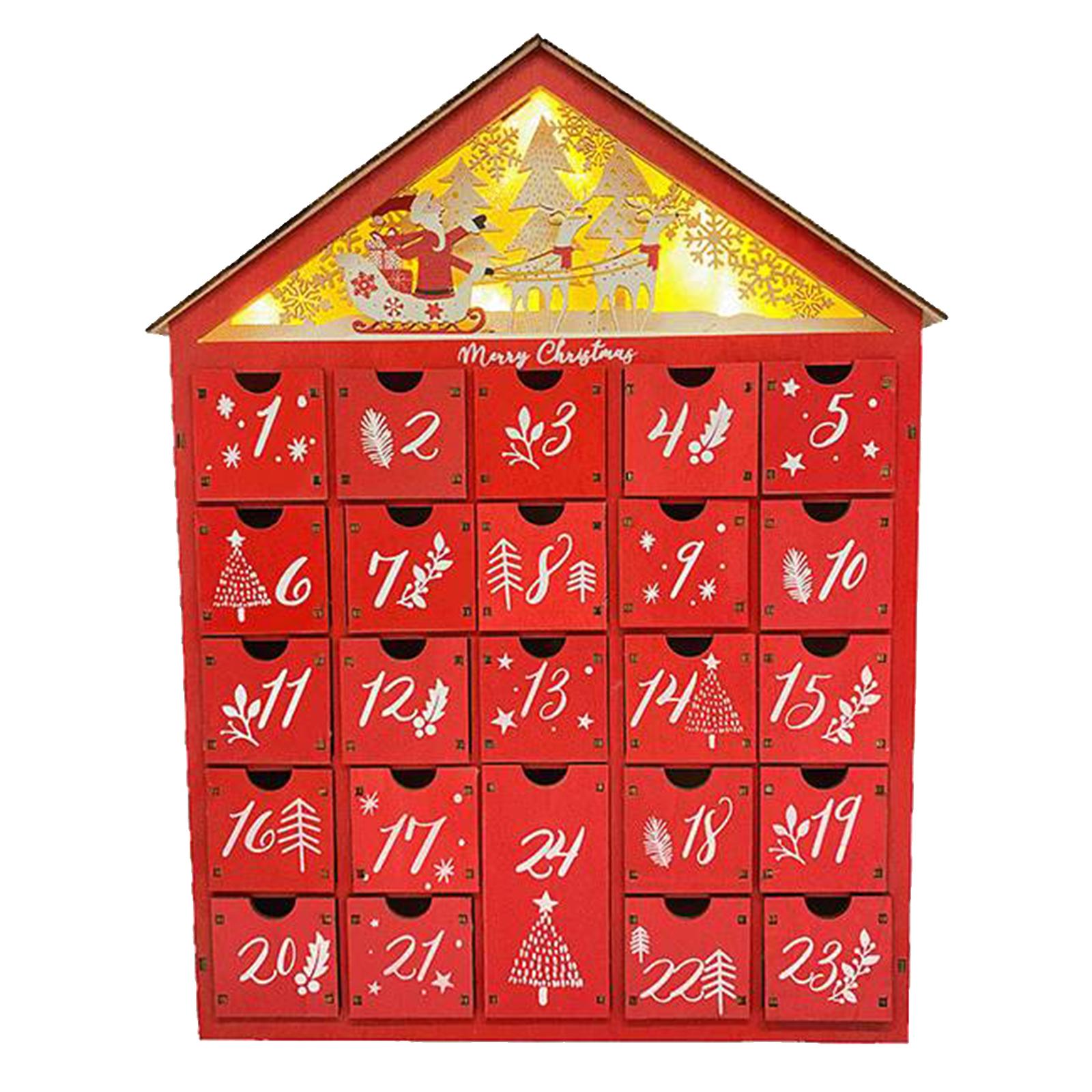 

Christmas Wooden Advent Calendars LED Lighted Village House Countdown Ornaments with 24 Storage Drawers DIY Calendar Box Decor 1Pcs