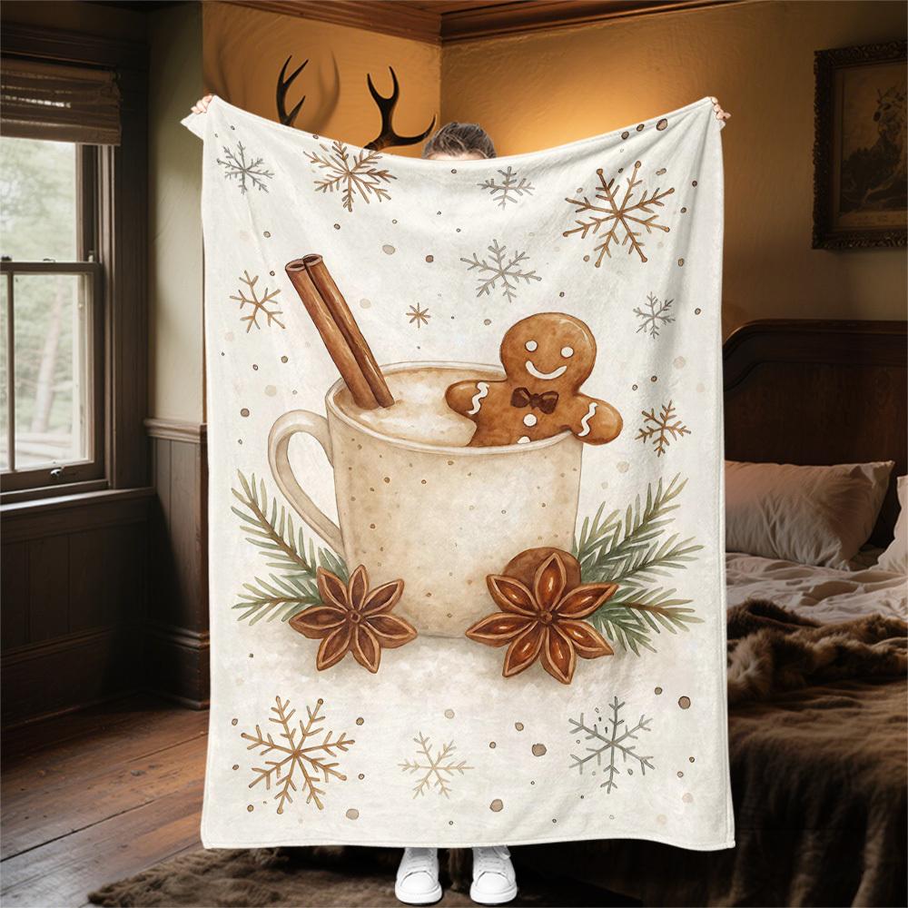 1PC Hot Chocolate Gingerbread manOutdoor Flannel Blanket - Soft Plush Decor for Picnics, Camping, Bedroom, Playroom, Office, or Lunch Break 1334A