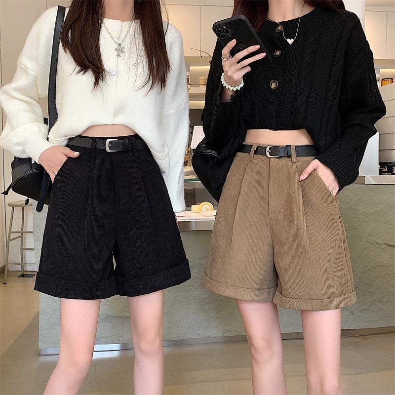 Corduroy Cuffed Straight Leg Shorts for Women - Autumn/Winter Loose Slimming Wide Leg Casual Pants