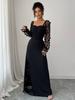 Elegante Abito Maxi Floreale a Rete Patchwork, Scollo Quadrato, Manica Lunga, Vita Alta, per Donna