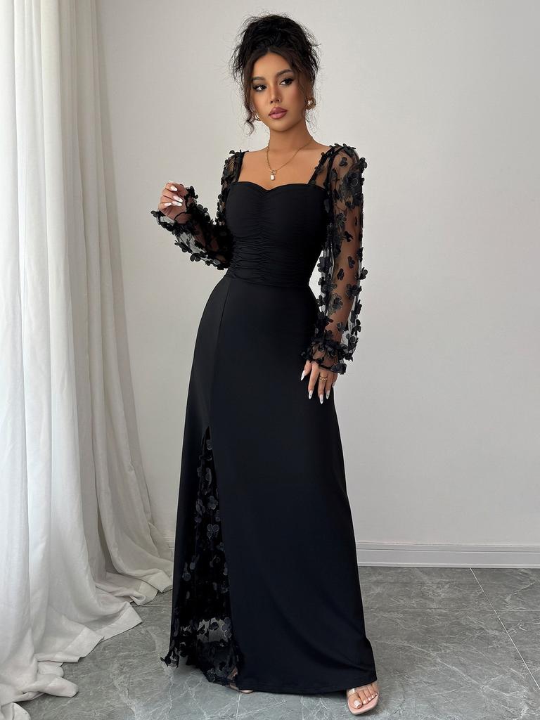 Elegante Abito Maxi Floreale a Rete Patchwork, Scollo Quadrato, Manica Lunga, Vita Alta, per Donna