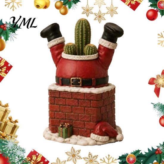Winter Garden Decor Santa Claus in Smokestack Flower Pot Ornament, Resin Decorative Plant Durable Succulent Planter Container, Small for Holiday