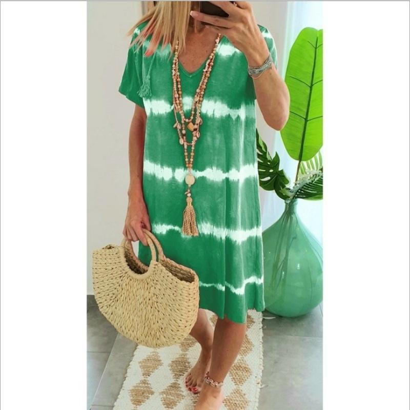 Short Sleeve Beach Tie Dye Printed Pullover Dress Women Summer V Neck Dress Loose Casual Pullover Midi Dress