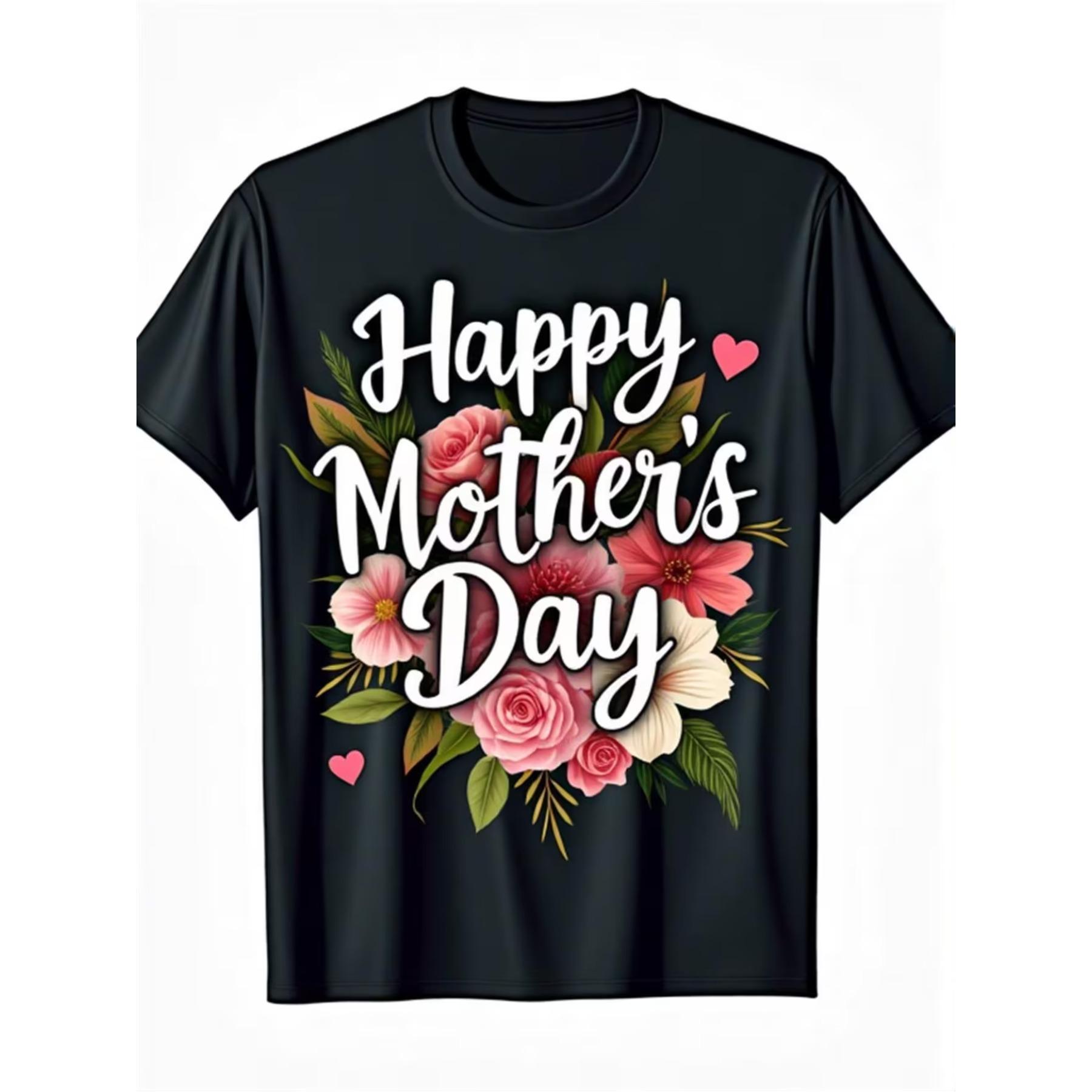 

Happy Mother S Day T-Shirt | Floral and Heart Print with Pink and Peach Flowers, Casual Short Sleeve, Round Neck, All-Season XXL