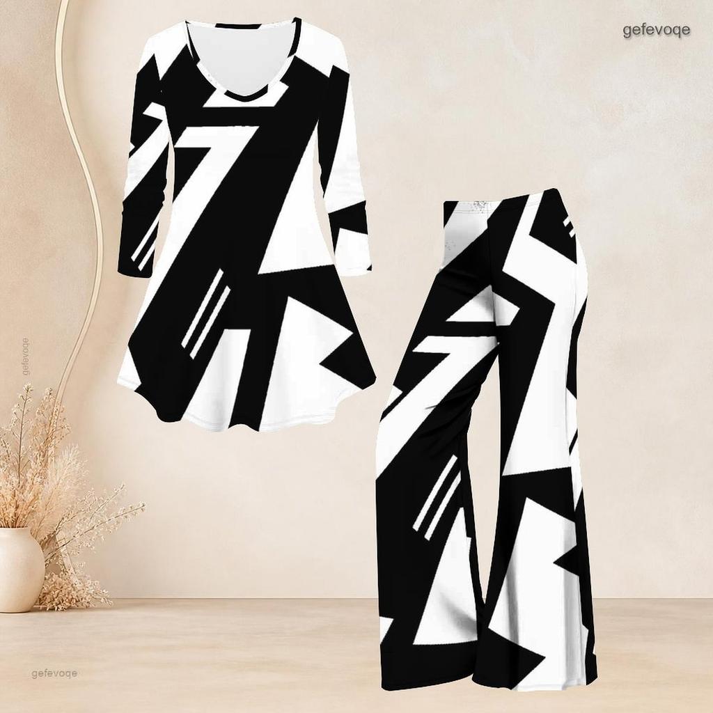Women Plus Size V Neck Long Sleeve Printed Flared Top Flared Pants Two Piece Set