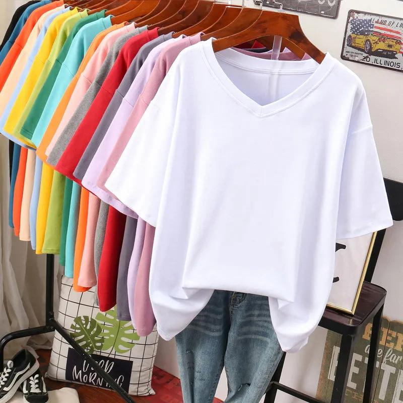 T-shirt da donna a tinta unita con scollo a V, manica corta larga