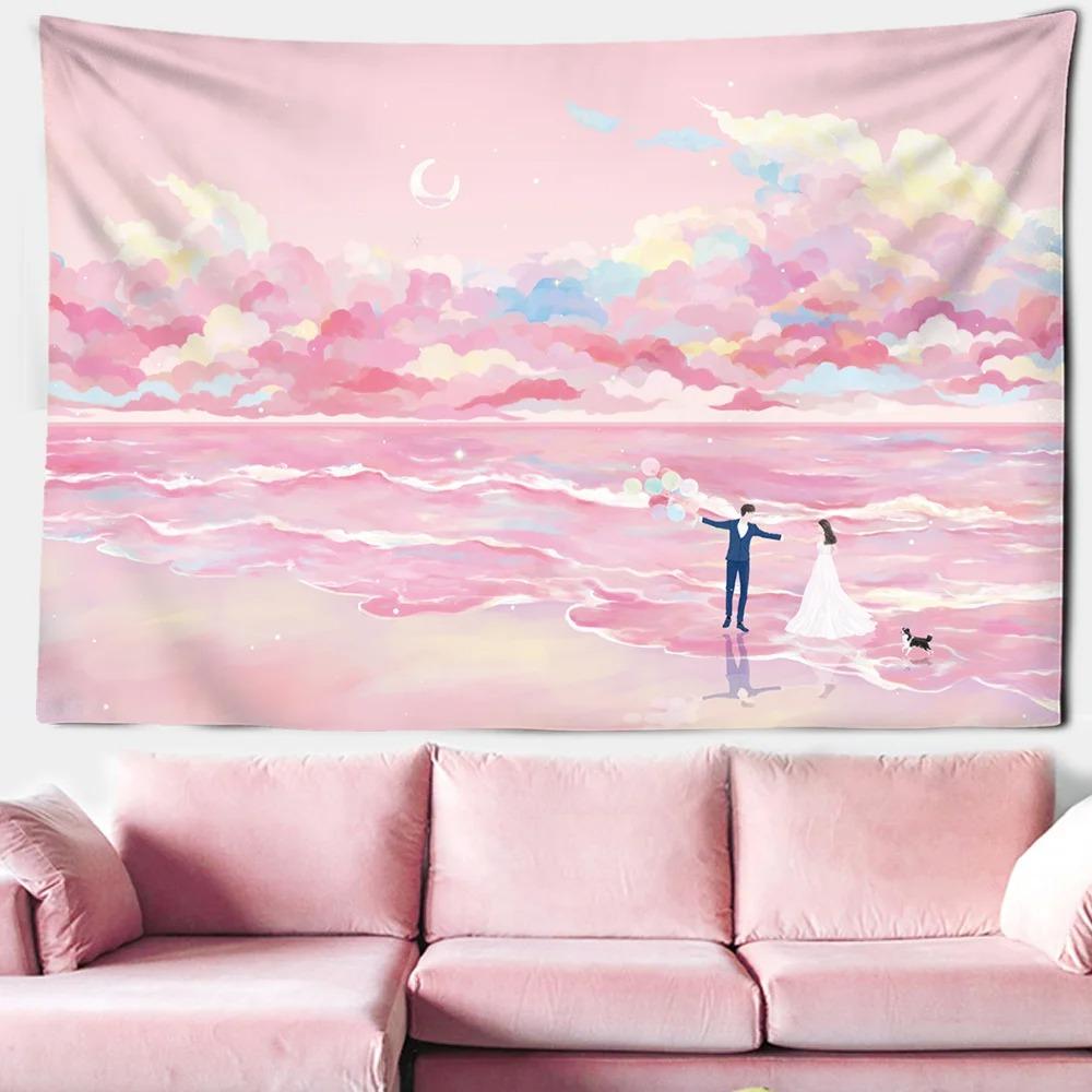 Pink Cloud Moon Starry Sky Hanging Cloth Office Living Room Tapestry Home Wall Decoration Tapestry